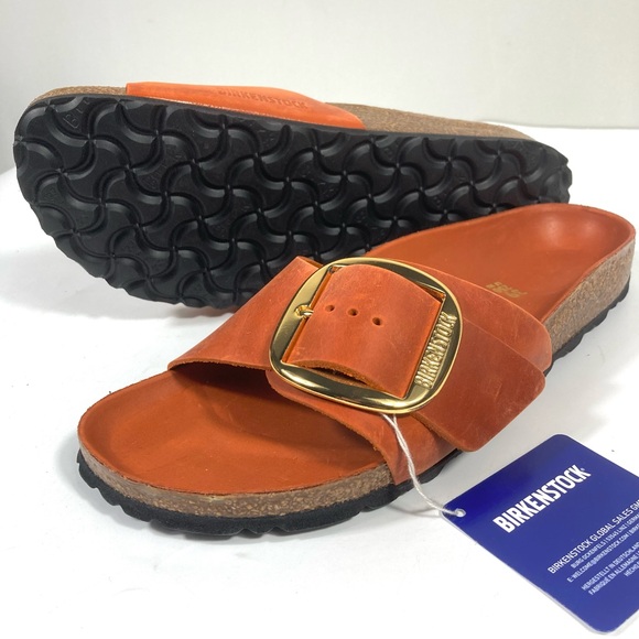 Birkenstock Madrid Big Buckle Slide Sandals Oiled Leather Burnt Orange NEW - Picture 13 of 17